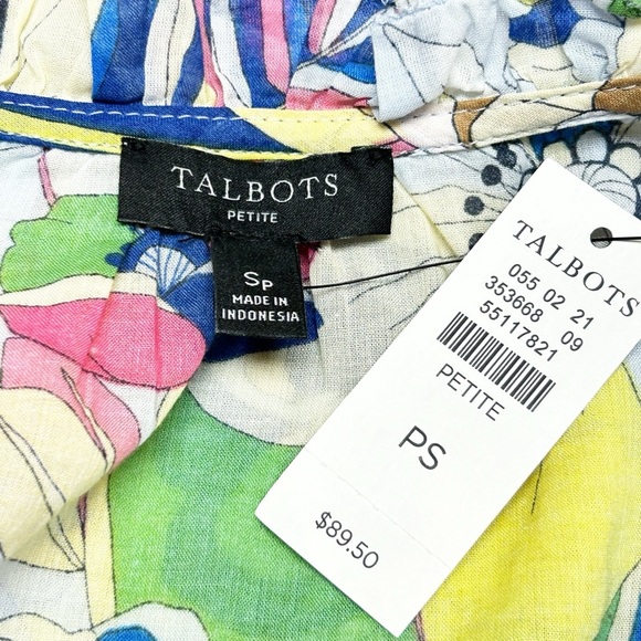 Talbots Blouse Ruffle S Trim Popover Top Colorful Floral Cotton Long Sleeve NWT - Picture 3 of 9